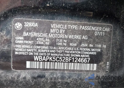 2011 BMW 328I xDrive из США, поврежденный, VIN WBAPK5C52BF124667